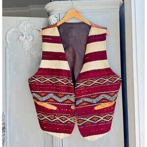 Vintage Handmade Kilim Wool Leather Vest Boho Southwest XL No Size Tag